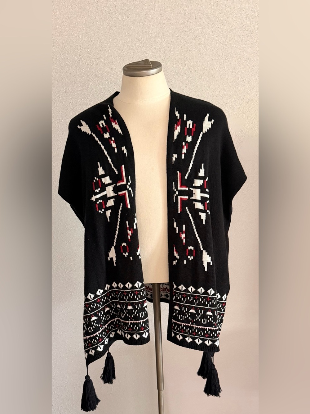 Wrangler Retro Black Patterned Open-Front Tassel Cardigan S/M